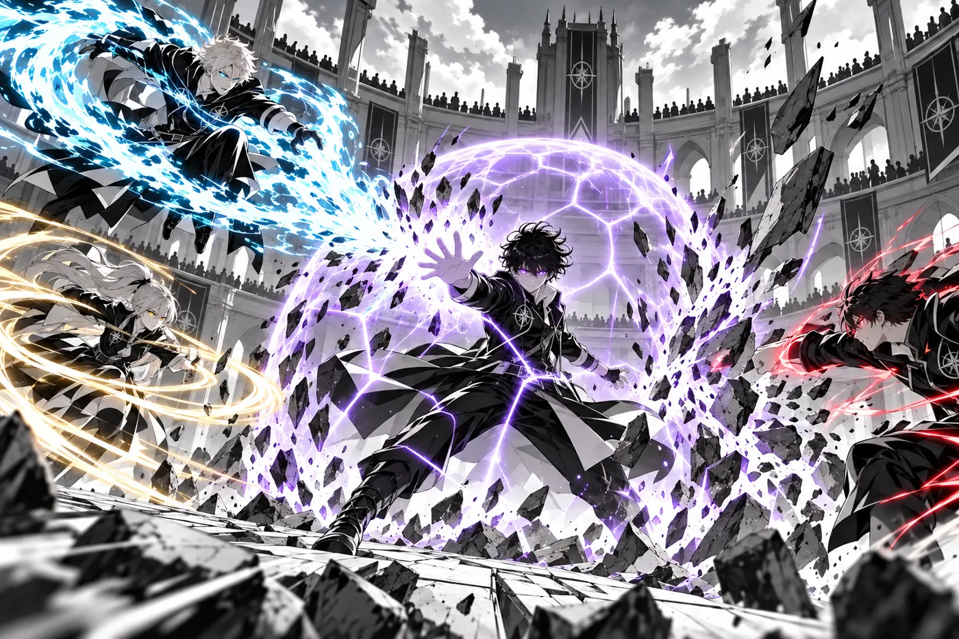 Akio blocks three opponents with his barrier