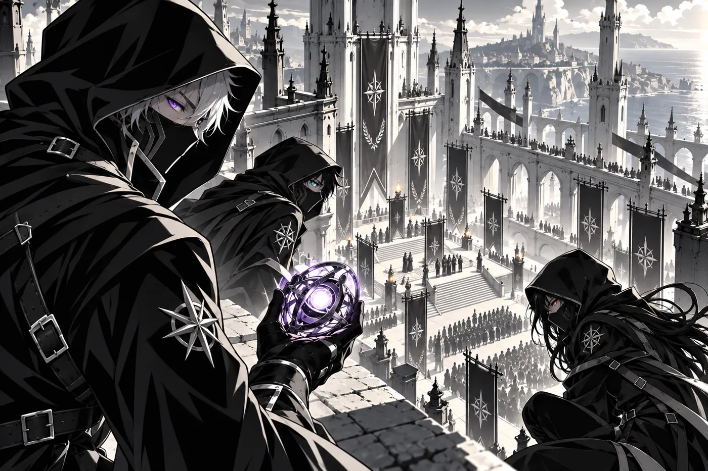 Three masked figures on a rooftop