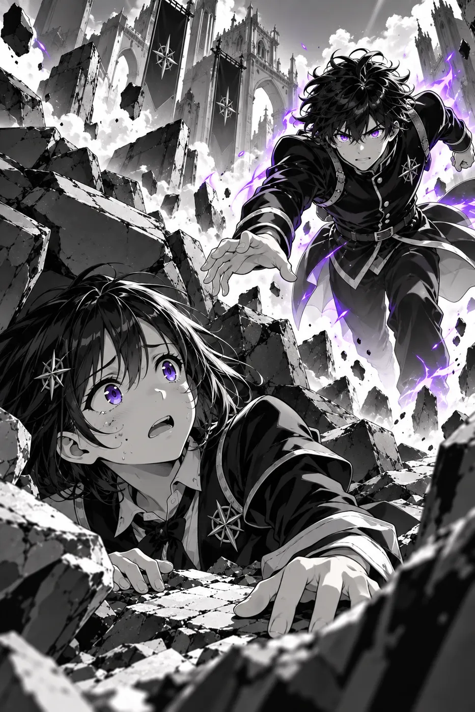 Mina trapped under rubble, Akio racing toward her