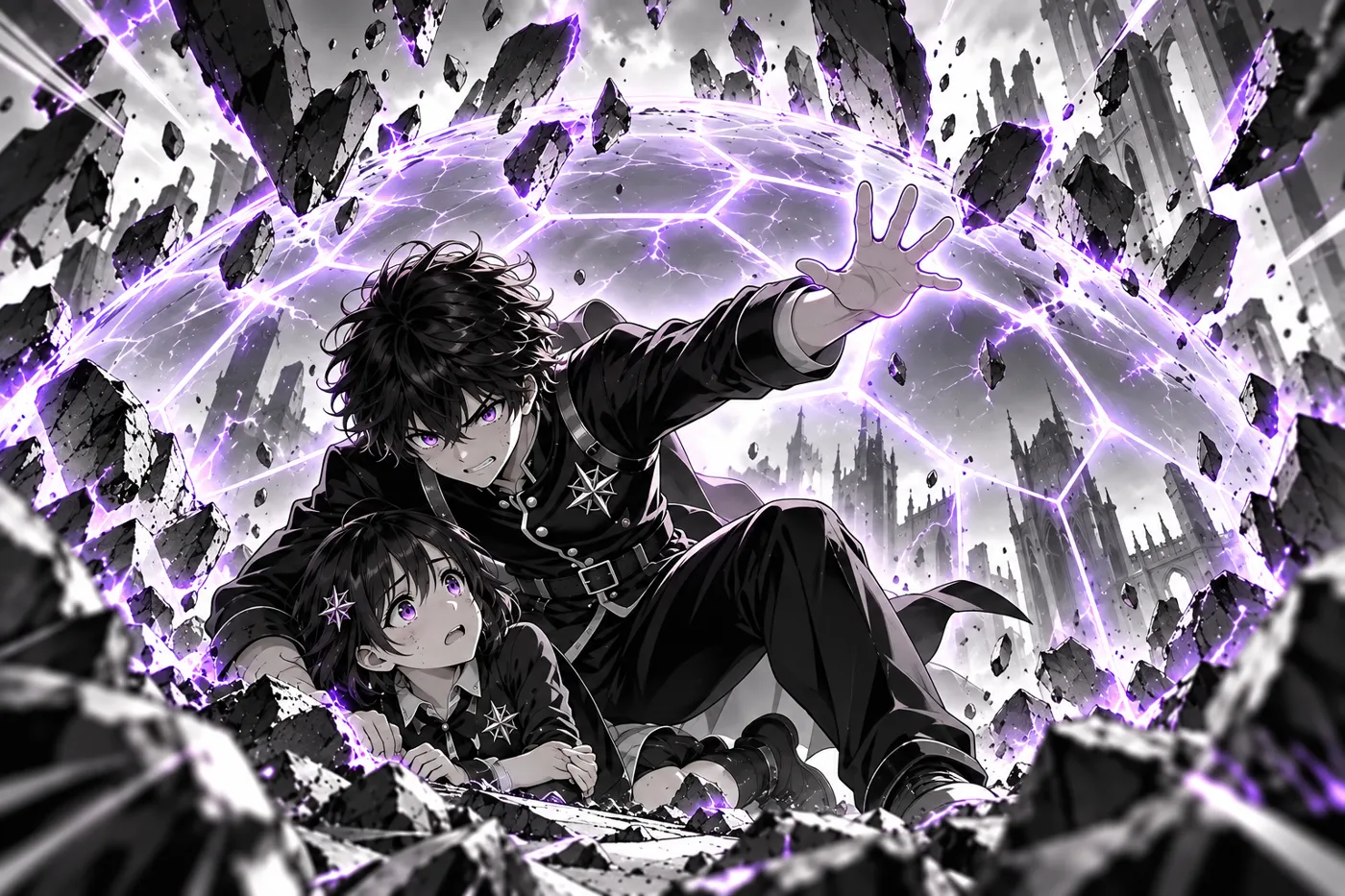 Akio shields Mina under a cracking barrier