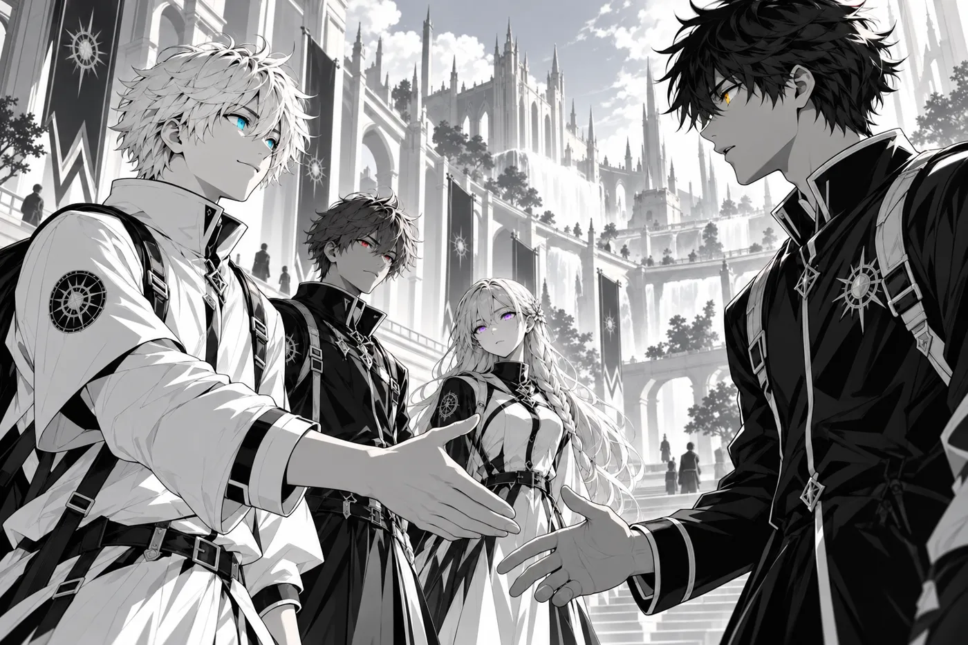 Inoé offers Akio his hand in the Bastion courtyard